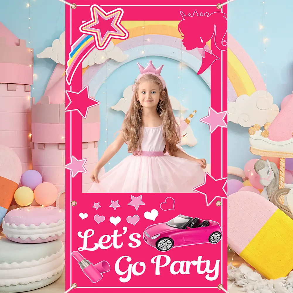 Hobaner 35x71 in Polyester Hot Pink "Let's Go Party" Photobooth Prop Accessories, Theme Party Supplies for Kids' Happy Birthday Princess Events