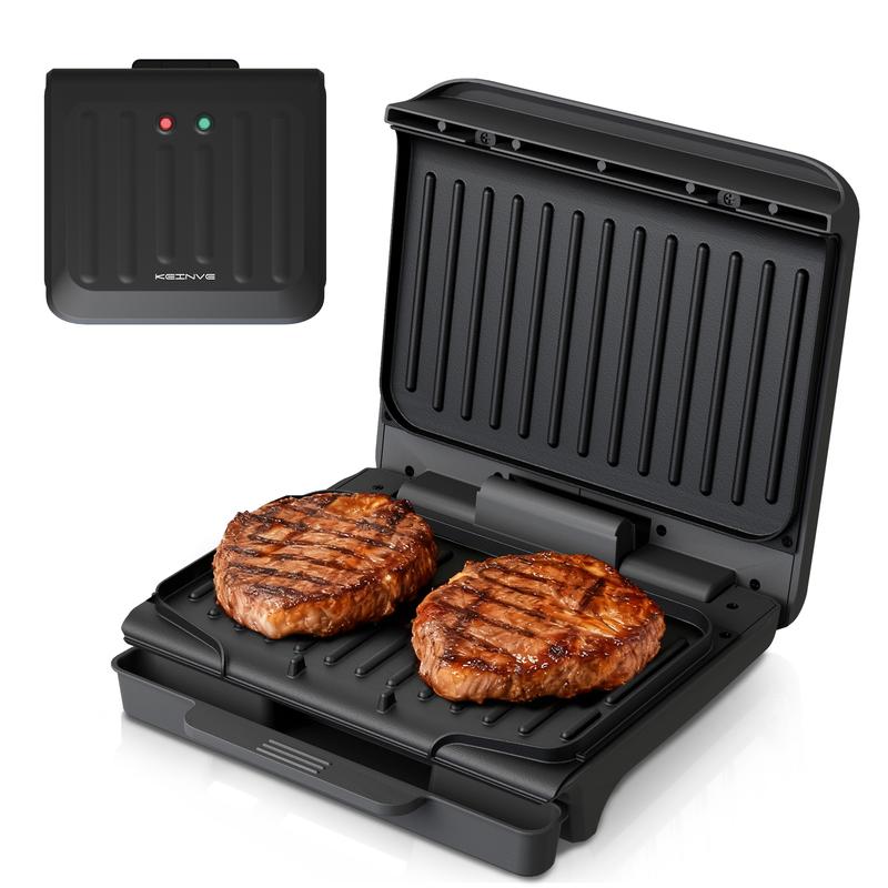 KEINVE 4-Serving Electric Grill and Panini Press, Tough Non-Stick Coating, Drip Tray Catches Grease, Black