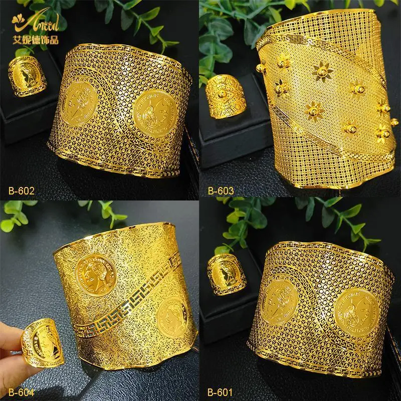 Dubai 24k Gold Color Bracelets Rings Set For Women Wedding Nigerian Bridal Fashion African Hawaiian Copper Bangles Jewelry