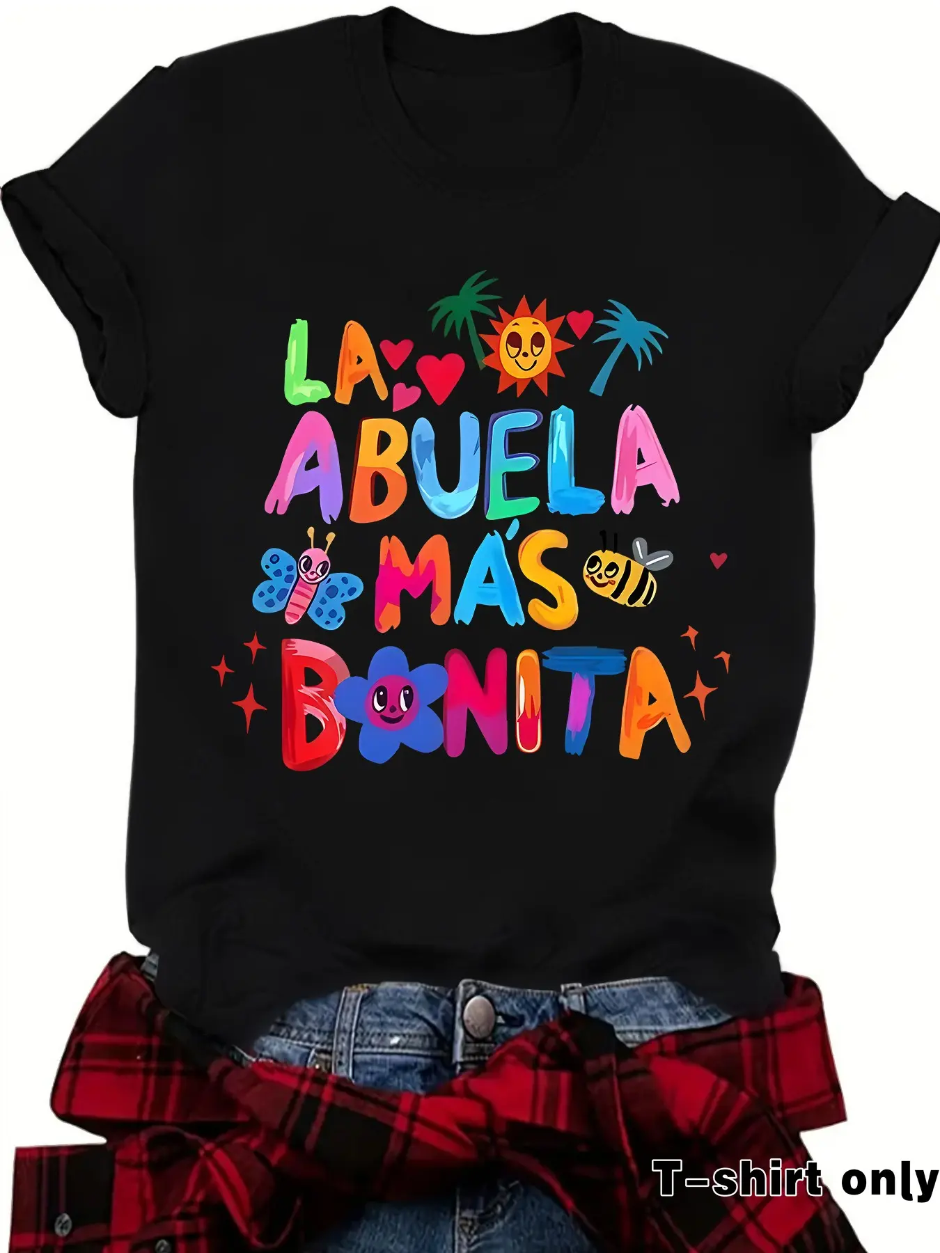 Women's Cute Granny Pattern Graphic T-Shirt, Fitted, Colorful Spanish Proverb Print, Fun Sun Palm Design, Soft Short Sleeve, Ideal Grandmother Gift