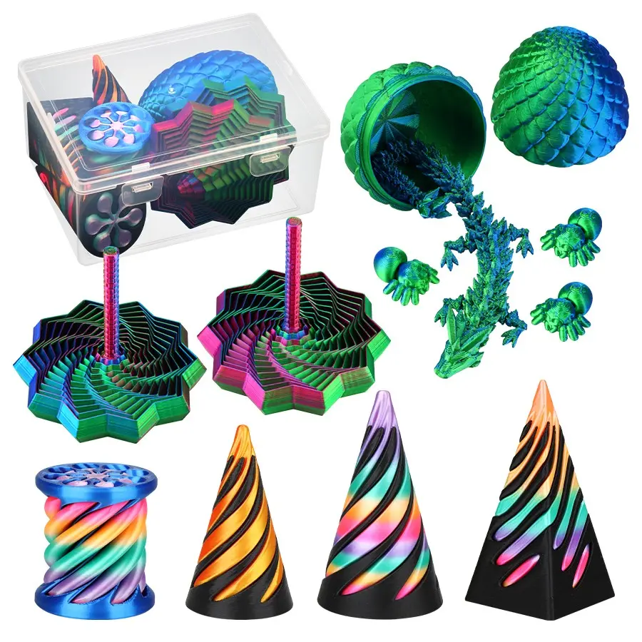 7-Piece 3D Stress Relief Model Toy Set, Stress Relief Tools, Stress Relief Aid, Stress Reliever, Anti Stress Kit, Stress Relief Decoration, Spiral Cone, Impossible Pyramid, Dragon Egg & Small Spider Figurine, Desk Decor Gift