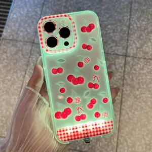 Sound-Control Glowing Cherry Hollow Cartoon Phone Case, Unique Call Light, Couple Style, Plaid Pattern, Gift for Girls, Cover, Fits X/XR/XS Max/11-17 Pro/plus/max, Accessories