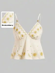 RES Fairycore Vintage And Casual Beachwear Embellished Spaghetti Strap Camisole Top With Embroidered Celestial And Botanical Motifs, Beaded Detailing