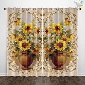 Sunflower Pattern Door Curtain, 3 Counts/set Vintage Floral Plant Leaf Pattern Door Curtain, Home Decor for Living Room Bedroom, Interior Decoration Accessories, Home Textile, Window Curtain