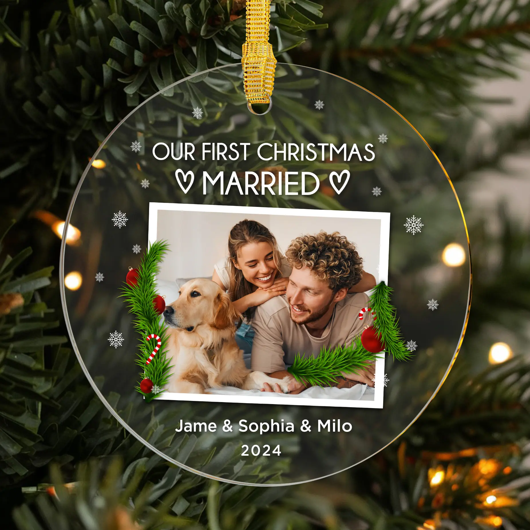 Personalized Our First Christmas Married Ornament With Couple's Photo, Names & Year, Custom Keepsake For Newlyweds And Family, Unique Holiday Decoration For 2024