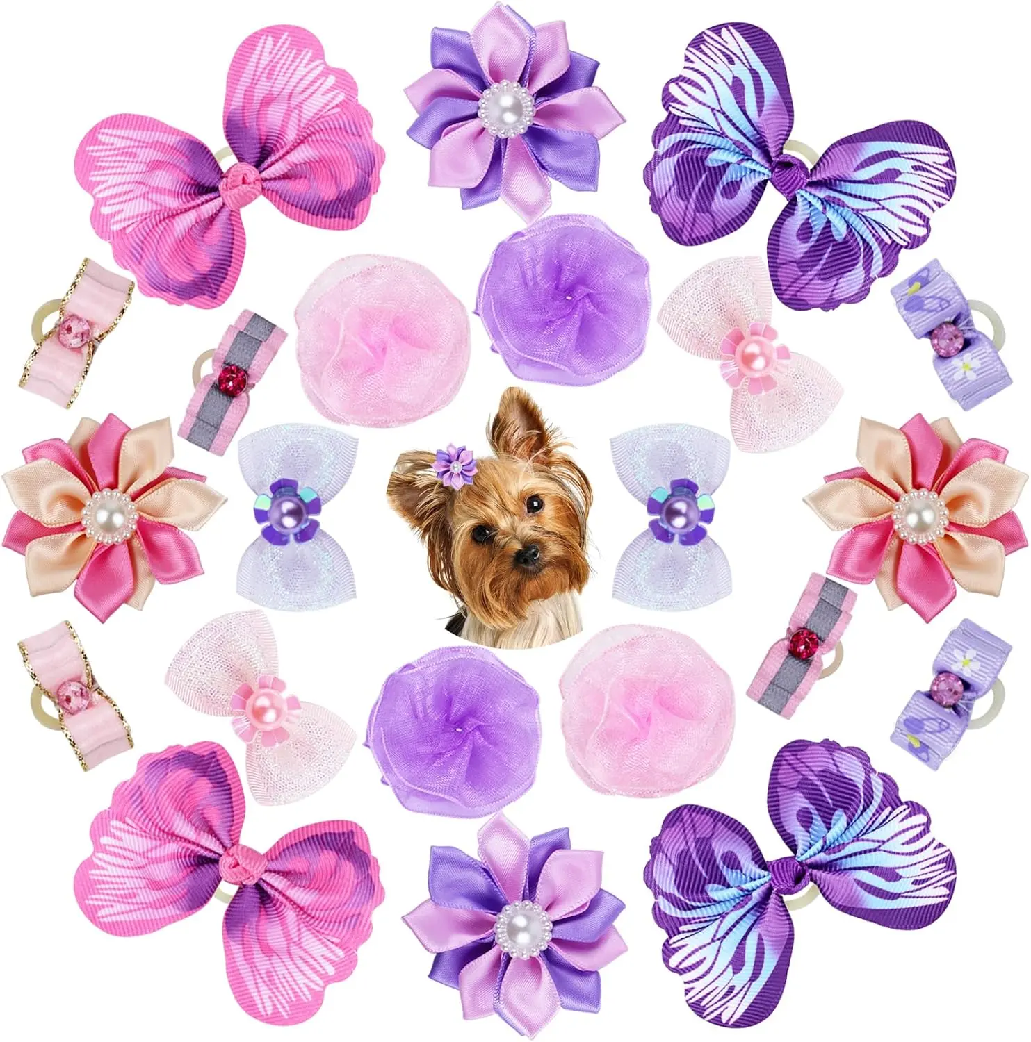 22PCS Dog Hair Bows with Rubber Bands – Cute Puppy Hair Accessories for Small Dogs & Cats, Butterfly Flower Pearl Double Bow, Pet Grooming Supplies, Pink Purple Dog Bows for Yorkies & Small Breeds