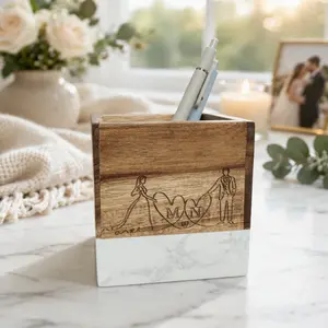 Personalized Wedding Gift – Engraved Marble & Wood Pencil Holder