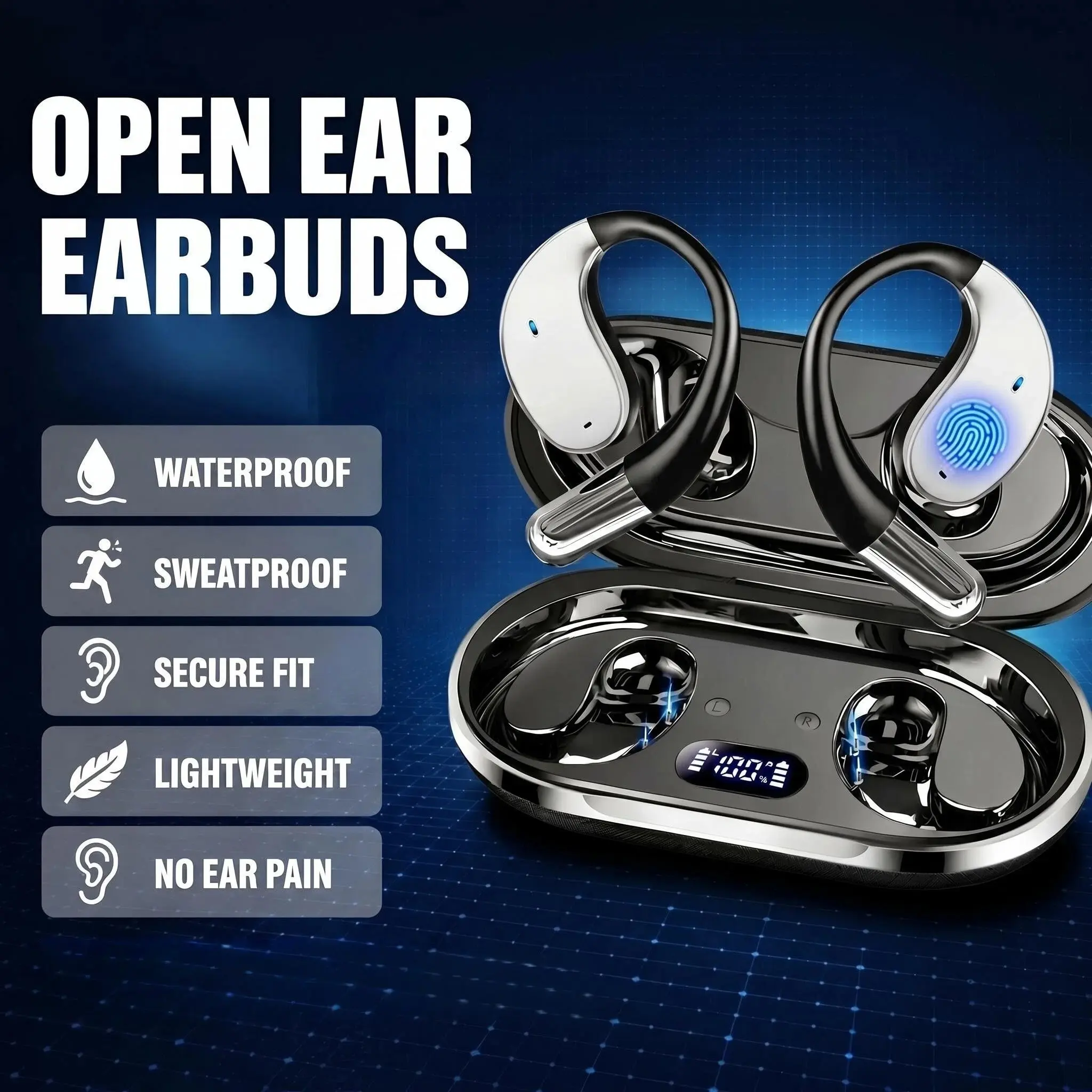 Open-Ear Wireless Bluetooth Headphones - Unisex Electronic Wireless BT Headset, Lightweight, Secure Non-Slip Fit, Waterproof, Bluetooth 5.4, Noise Cancellation, Call Receiving, Lithium Ion Battery, No Jack, for Running, iOS/Android Compatibility, Audios