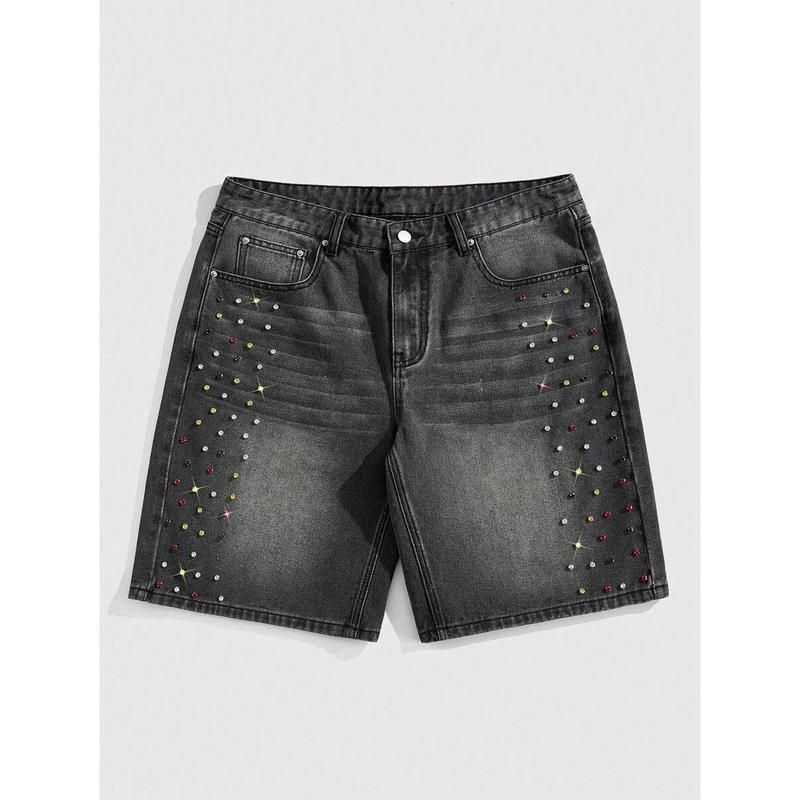 (Gold promotion)ROMWE MEN Street Life Men's Colorful Diamond Loose Denim Shorts Jorts