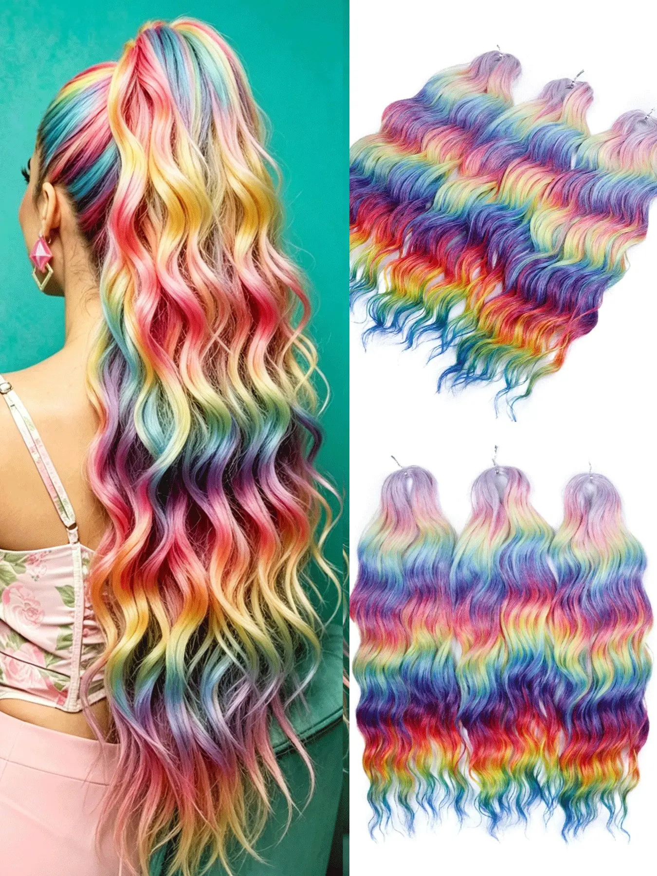 4 Colors Rainbow Ombre Crochet Braiding Hair, 300g Ocean Wave Loose Deep Twist, Peacock to Sunset Glow Synthetic Hair Extensions for Bohemian Box Braids Women