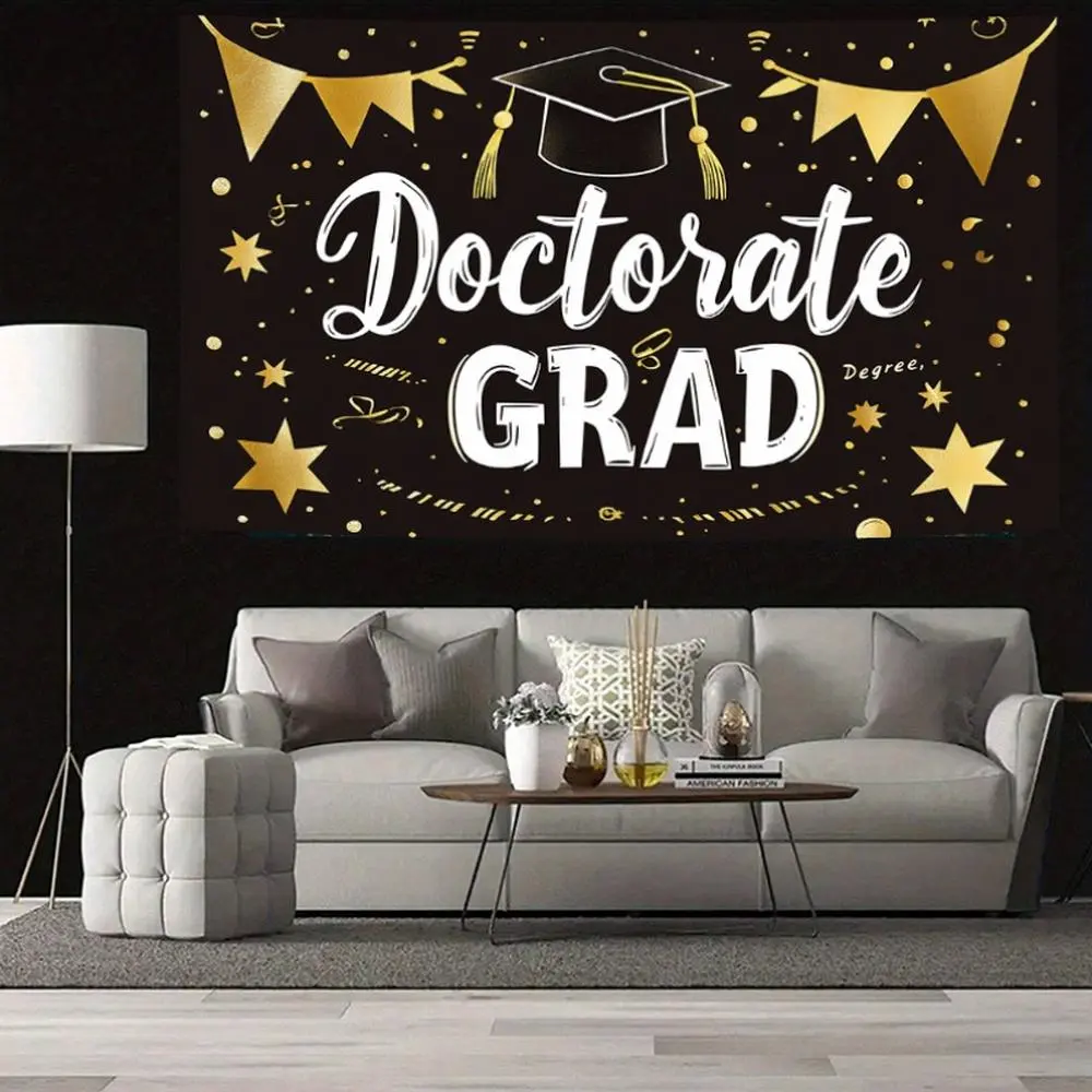 1pc Golden & Black Polyester Doctorate Graduation Wishing Banner - Diploma & Star Design, Golden Accents, Indoor/Outdoor Decoration for Home, Birthday & Festive Party Supplies, Garden Backdrop,summerwins