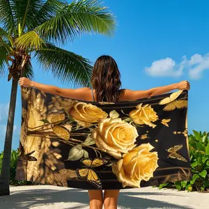 Rose & Butterfly Pattern Beach Towel, Soft Absorbent Towel for Beach Vacation, Travel Essentials, Household Towel for Bathroom Swimming Pool