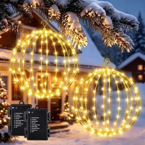 FLACCHI 2 Pack 12-Inch 120 LED Hanging Ball Lights, Battery Operated Foldable Globe Fairy Lights with 8 Modes, Timer & Memory for Christmas, Garden, Patio & Wedding Decor
