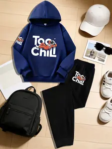 Boys' Spring & Fall Ootd Set, Hooded Sweatshirt & Long Pants, Astronaut Print, Casual Daily Wear, Gift for Sports Boys, Ages 5-14