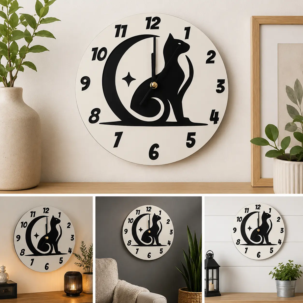 Cat & Moon Wooden Wall Clock