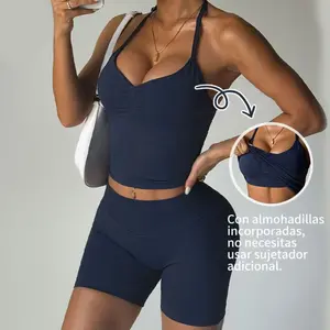 Women's Halter Neck Workout Set, 2 Piece Ruched Yoga Outfit with Built-in Bra & High Waist Biker Shorts, Slim Fit Gym Set