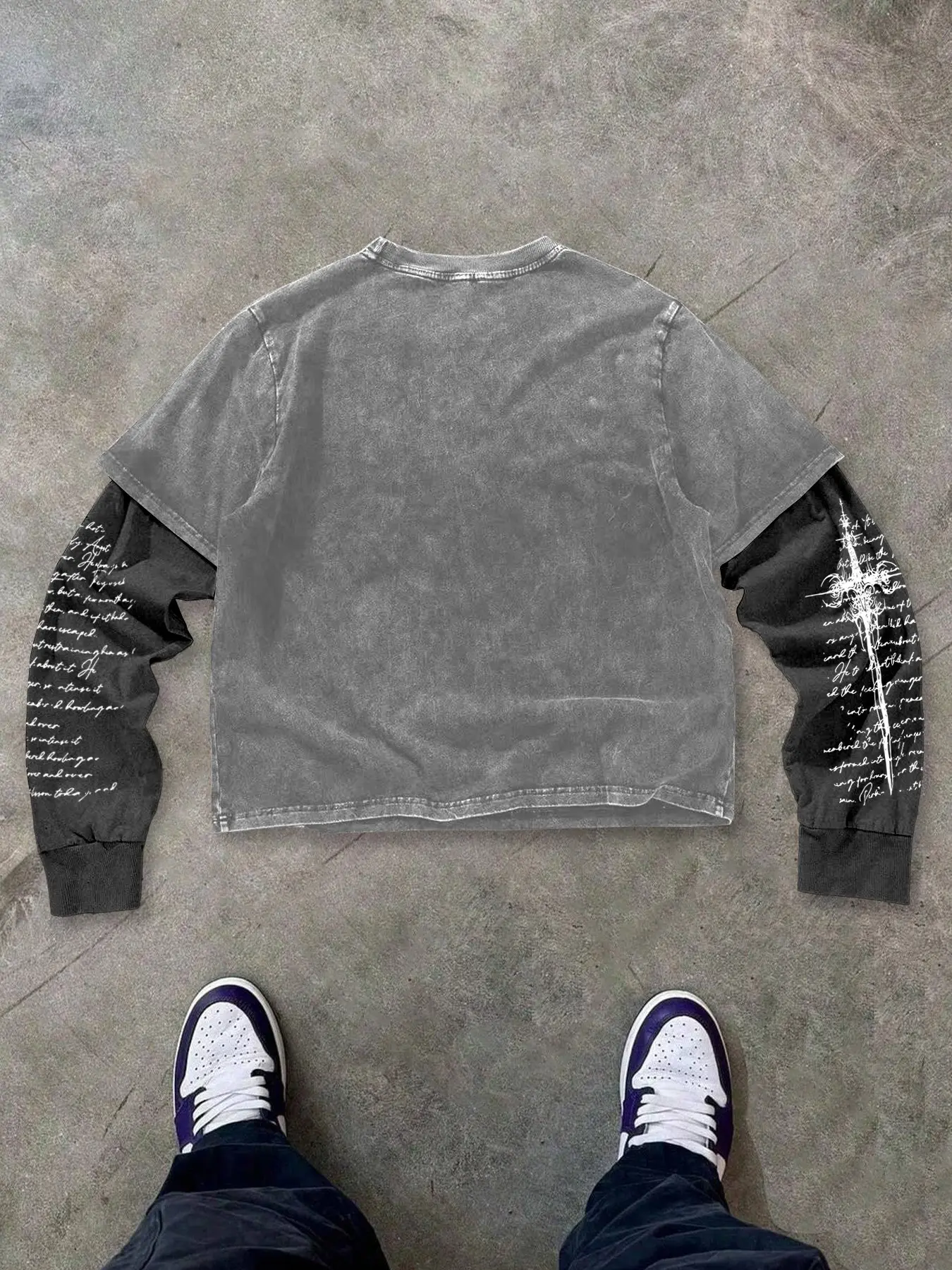 Men's Opium Style Acid Wash Double Layer Long Sleeve Crewneck T