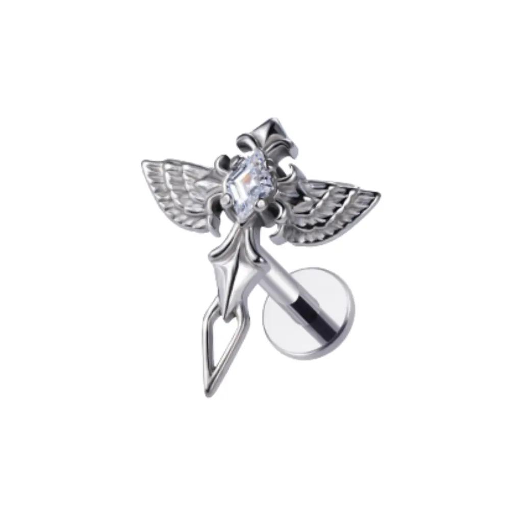 Internally Threaded CZ Crystal Winged Cross Flat Back Stud - ASTM F-136 Implant Grade Titanium
