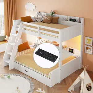 Twin Over Full Bunk Bed Frame with Storage, Charging Station, 6 Shelves, Under-Bed Drawer, 2 USB Ports & LED Lights, Safety Guard Rails for Bedroom, White
