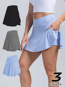 Women's Solid Color Pleated Tennis Skort, Sporty High Waist Skort with Pocket, Ladies Sportswear for Running