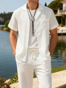 Men's White 2PCSLoungewear Set - Short-Sleeve Lapel Shirt (Vertical Pleats + Chest Pocket) + Matching Drawstring Pants, Ultra-Soft Lightweight Breathable Fabric, Relaxed Oversize Fit, Perfect for Home Lounging, Weekend Relaxation & Casual Indoor Activitie