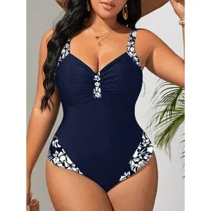 Women's Retro Navy Blue Floral Print 1-Piece Swimsuit - 82% Nylon 18% Spandex, Removable Pads, Fully Lined, Comfortable Regular Fit, Blue-Themed, Flattering, Full-Body, Multi-Size, Quick-Dry, Pool Party Outfit, S-XXL, Blue-Themed Women's One-Pieces, Flatt