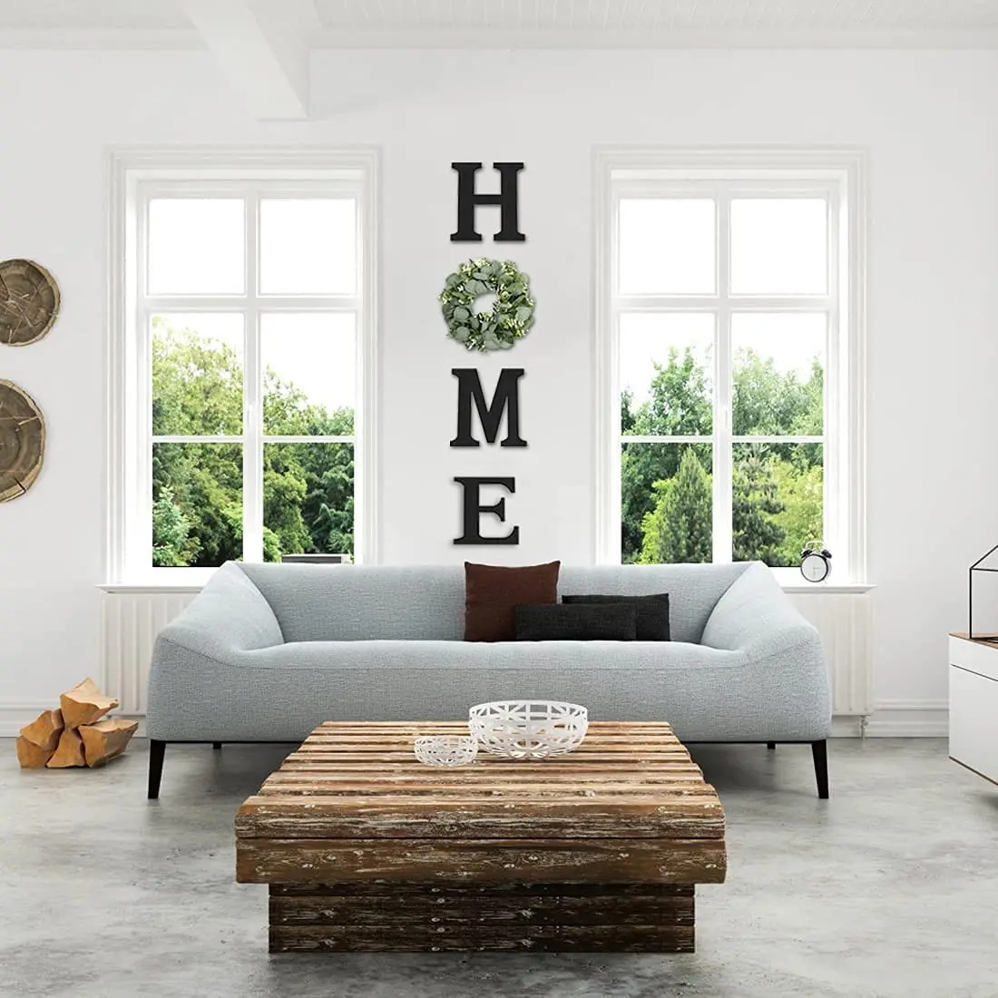 Sturdy Rustic Wooden "HOME" Wall Decoration Set with Synthetic Eucalyptus Wreath - Black Wood Letter Signs, Garden Gift for Friends, Family Living Room, Kitchen