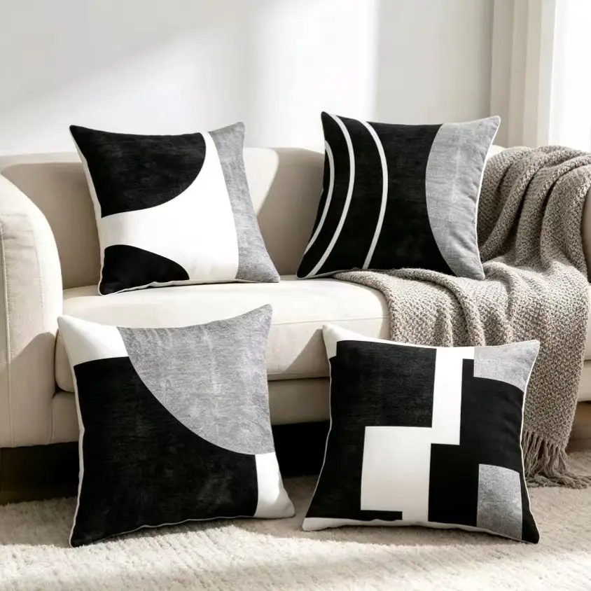 4 Piece Modern Minimalist Cushion Covers, Geometric Abstract Square Shape Decorative Pillows, Soft Breathable Comfortable, Living Room Couch Sofa Bedroom Car Office Color-matching Patchwork Decor, Throw Pillow Covers Without Core