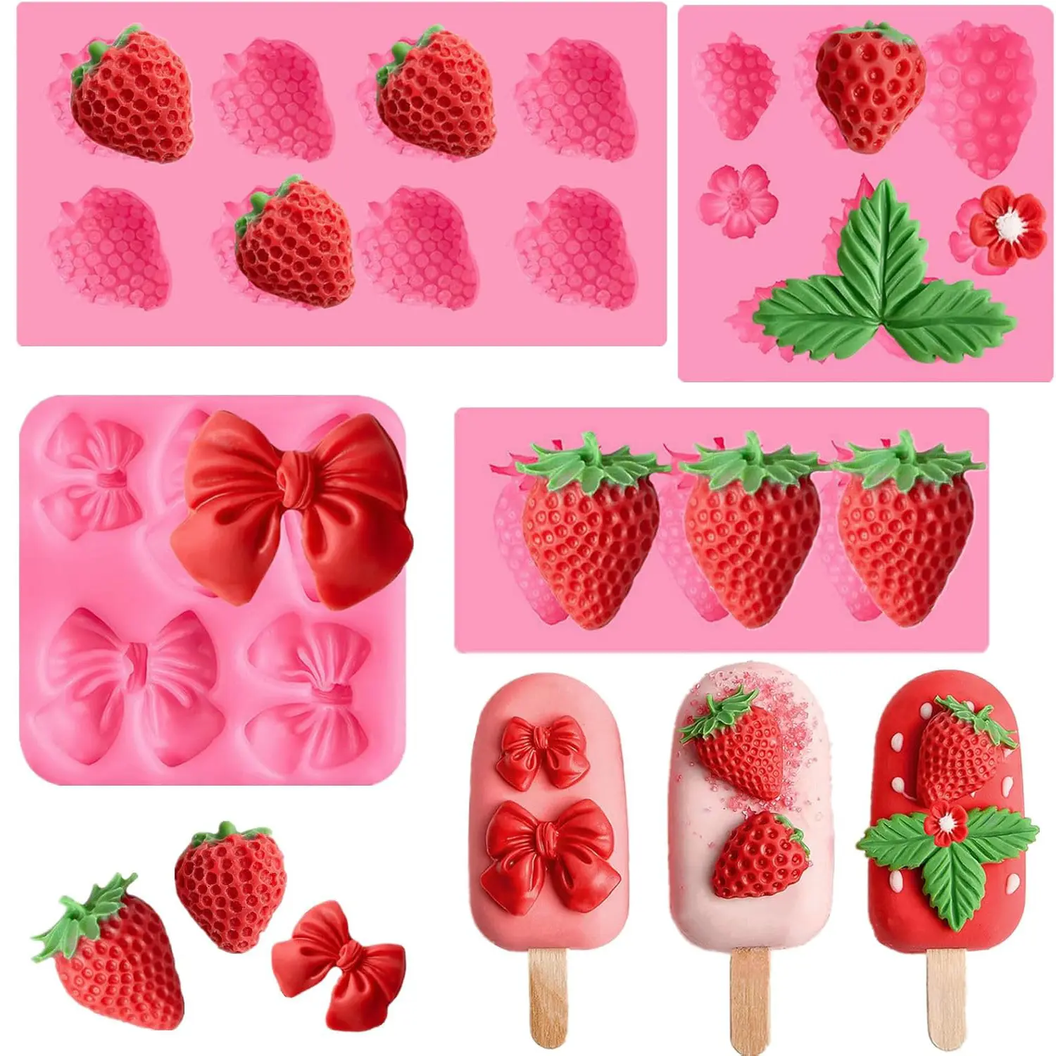 4PCS Food Grade Silicone Baking Molds - Strawberry, Bow Shapes, Baking Supplies, Fruit Mold Shaping Tools for Cake Decorating, Candy Making, Decorative Wrappers Chocolate & Sweet Moulds with Ease of Use