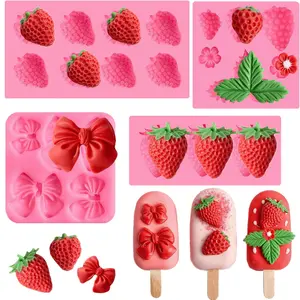 4PCS Strawberry Fondant Molds, Bow Fondant Silicone Molds, Fruit Baking Mould for Cake Decorating, Cupcake Topper, Chocolate, Candy, Candle, Clay