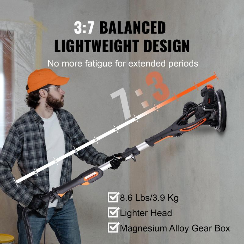 VEVOR Electric Drywall Sander 900W, TikTokShopBlackFriday, Self-Suction & Variable Speed 800-1800 RPM, Foldable Handle & Self-Suction, with LED Strip Light and Vacuum Bag Power Tool  VEVOR Super Brand Day