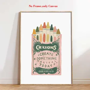 1 pc, wall art, Artwork, vintage poster, playful vintage crayon print art, colorful water pen canvas painting, bedroom aesthetic, living room decor, apartment decor, children's gift, unframed