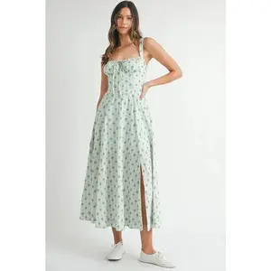 Floral Print Bustier Back Lace Up Midi Dress Mint Casual Milkmaid Summer Dress Comfort Polyester Adjustable Womenswear