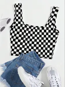 Single Jersey Short Sleeveless Square Neck Plaid Print Casual, Women Tops