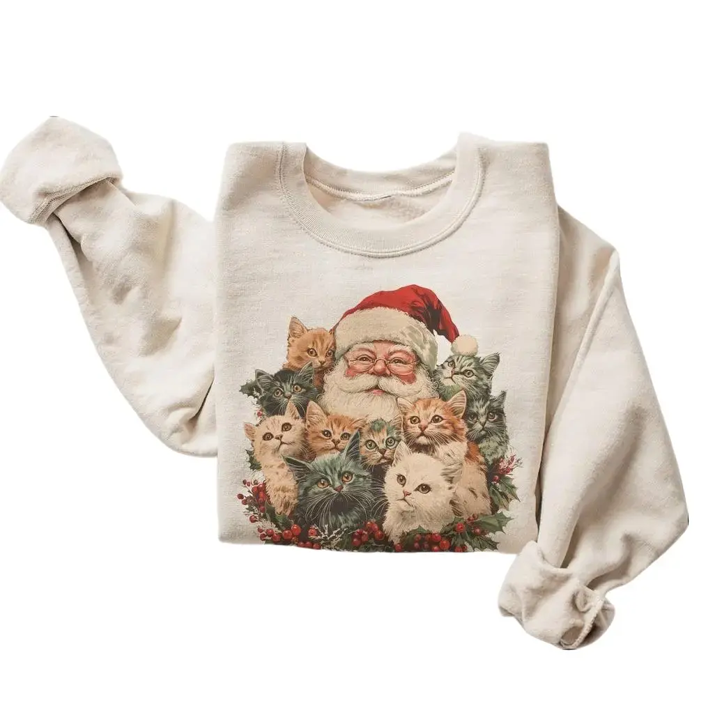 Retro Christmas Sweatshirt for Cat Lovers, Unisex 90s Vibe Santa and Kittens Printed Long Sleeve Casual Crewneck Pullover