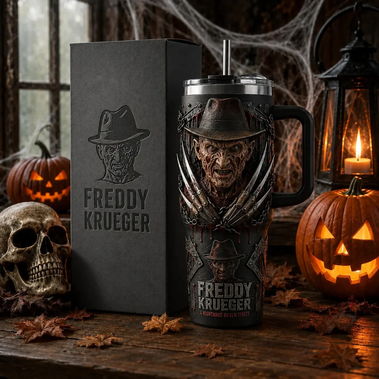 Freddy Krueger A Nightmare on Elm Street 40oz Tumbler, Horror Movie Travel Mug with Handle, Stainless Steel Insulated Cup, Full Wrap Printed Drinkware, Halloween Gift for Horror Fans