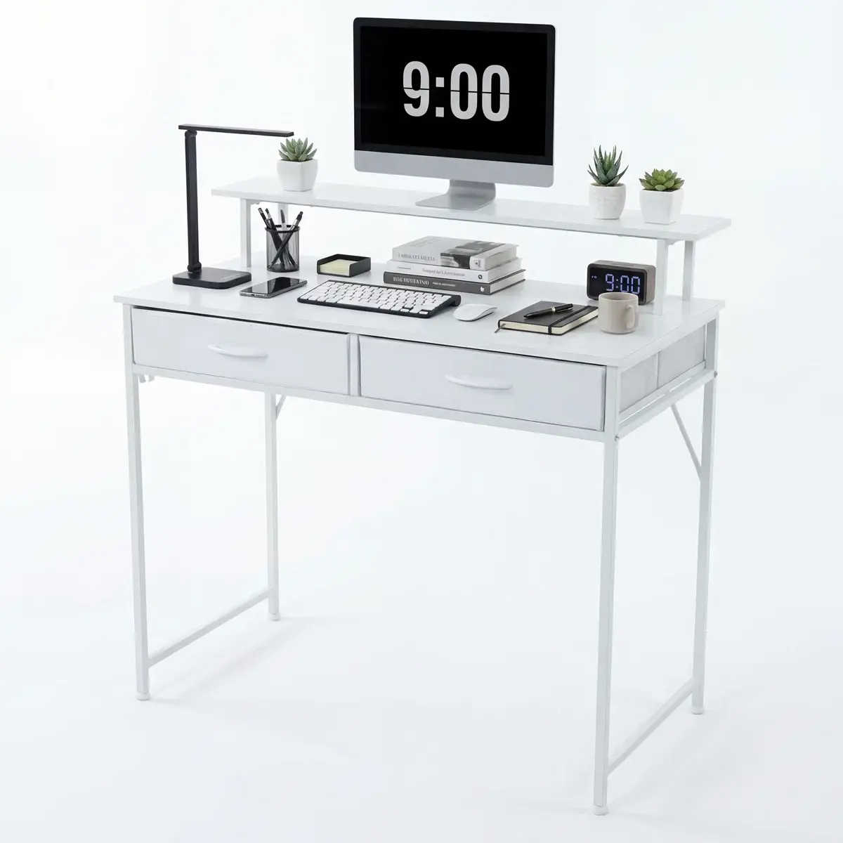 Small Home Office Computer Desk with Drawers – Writing Desk & Study Desk with Monitor Stand – Compact Workstation for Bedroom, Dorm & Small Spaces
