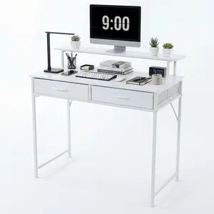 Small Home Office Computer Desk with Drawers – Writing Desk & Study Desk with Monitor Stand – Compact Workstation for Bedroom, Dorm & Small Spaces