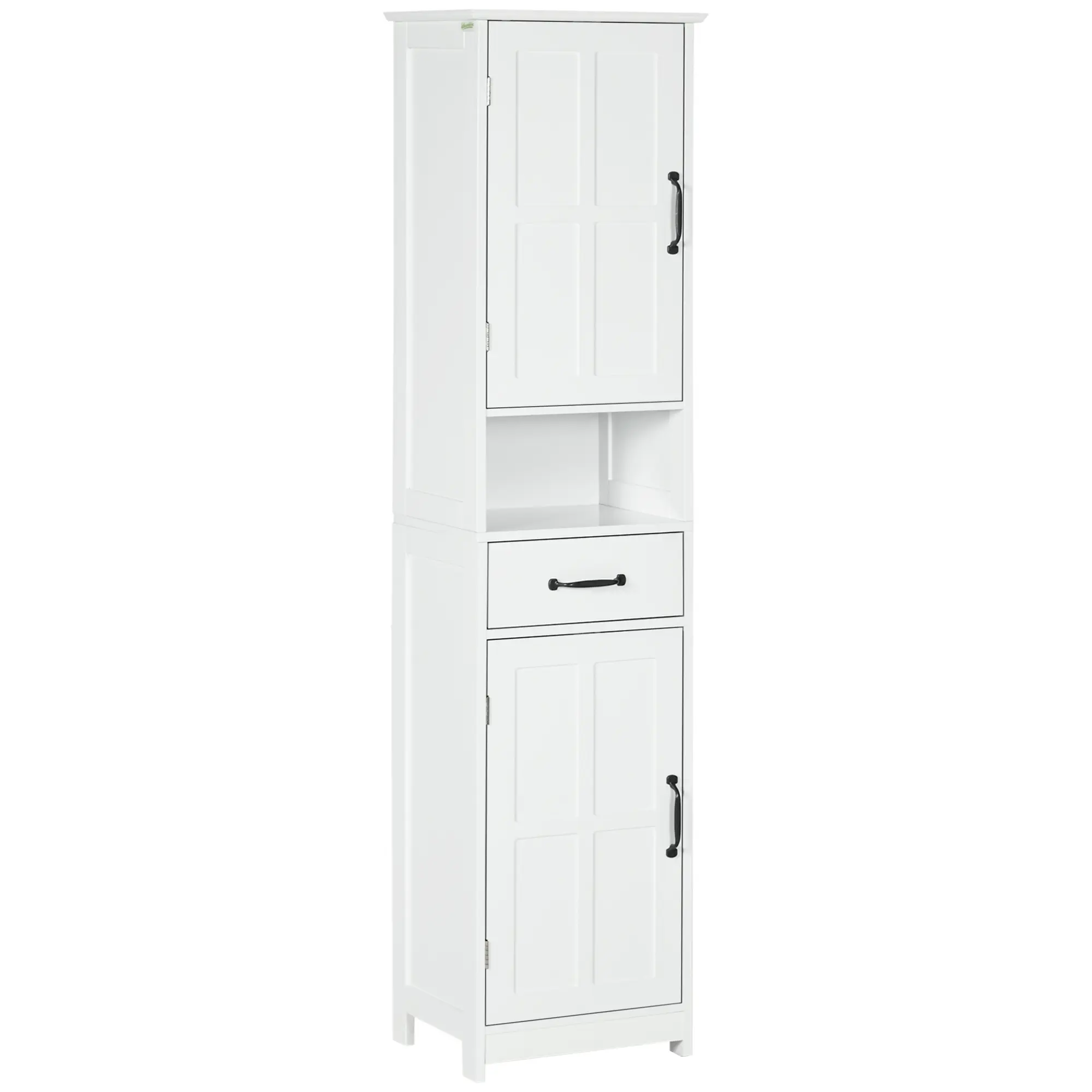 White Modern Narrow Bathroom Storage Cabinet with Open Shelf Sliding Drawer Recessed Cabinet Doors and Adjustable Inner Shelves Anti Tipping Design Made of Particleboard and MDF Total Load 44 Lbs