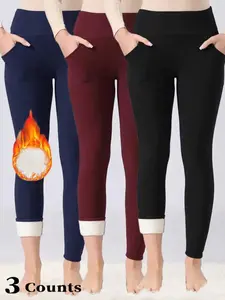 Women's Fall Winter High Waist Fleece Lined Leggings, Sporty Tight-Fit Woven Fabric, Warm & Slimming Design, Fashionable Outerwear Pants, High Waisted Leggings
