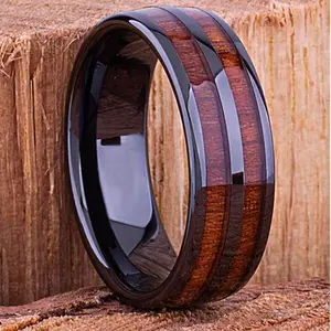 1Pcs Men's Black 8mm Stainless Steel Wedding Ring, Fashion Style for Men with Wood Inlay, Suitable for Daily Wear, New Year, Birthday, Engagement