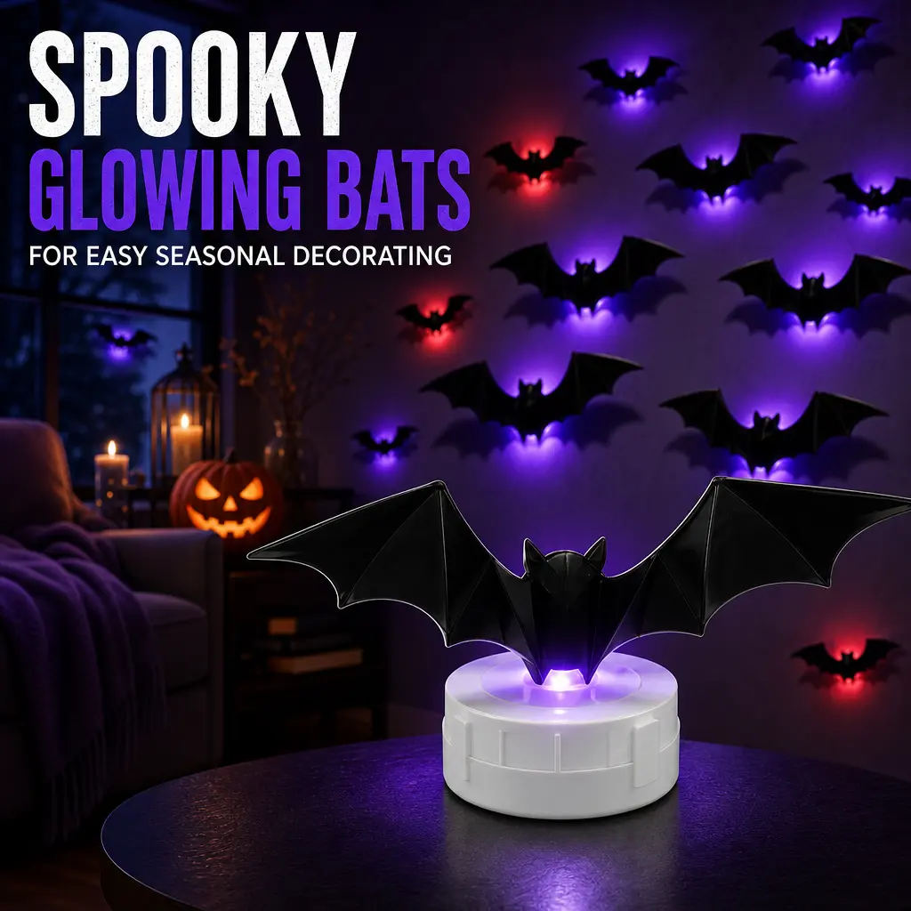 3D Bat Light LED Decorations, 12pcs/24pcs Halloween Spooky Ornaments, Bendable Wall Stickers with Smooth Bubble-Free Application, Easy Install Battery Powered Glowing Decor, Non-Remote Indoor Decor for Home, Party, Window, Door, Festival