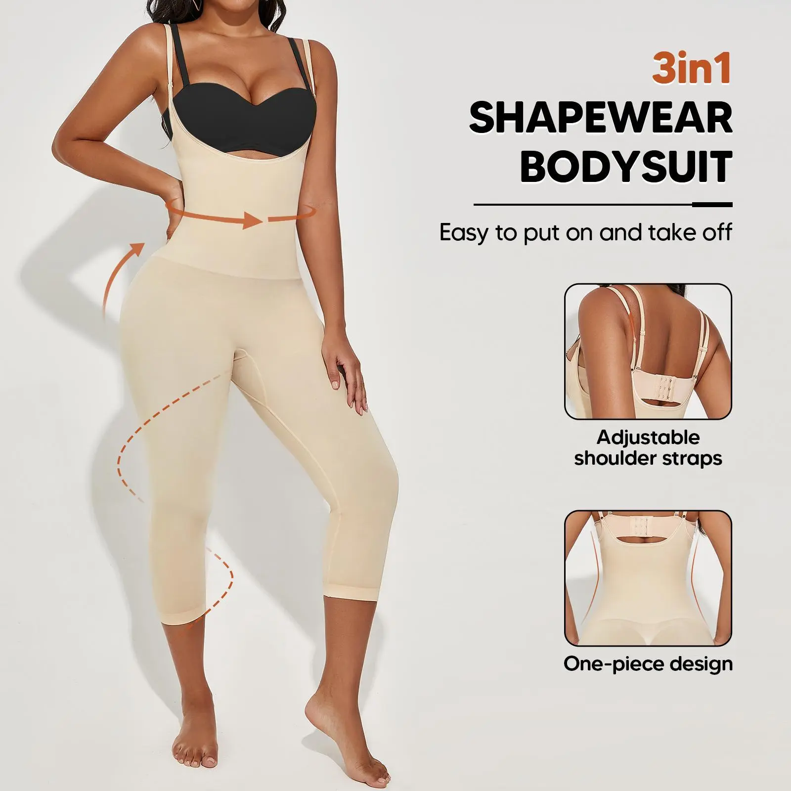 SUPRENX Women's Seamless 3-in-1 Dream Fabric Compression Shapewear Jumpsuit - Tummy Control, Butt Lift, Adjustable Strap Capris for Ladies' Clothes (Birthday, Wedding, Romance Occasions)
