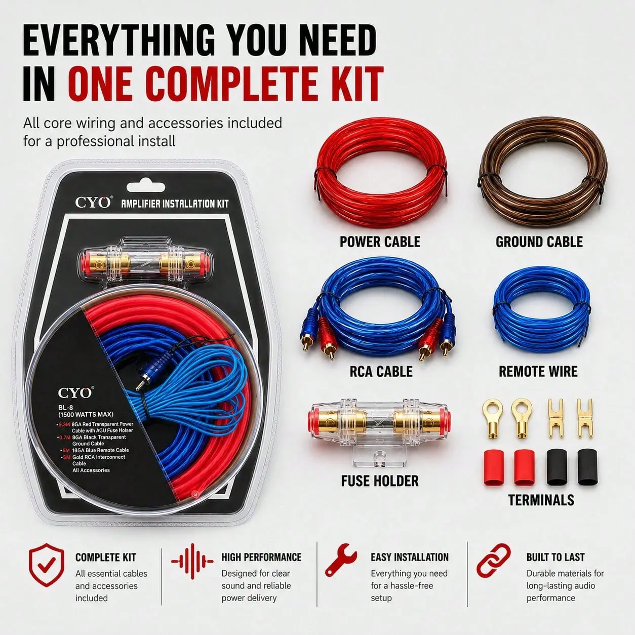 10GA Amplifier Kit Car Audio System Upgrade Thick Gauge RCA / Power Cable with Fuse ControlInterference resistant, heat resistant, built-in ground wire.Red / Blue / Black Cable + TerminalsUniversal Upgrade Connection for Car Stereo / Home UseChristmas Ess