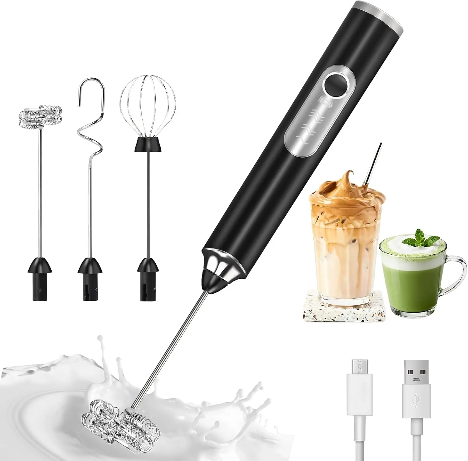 Milk Frother Handheld, 3-Speed Frother Wand Rechargeable, with 3 Detachable Whisks, Coffee Frother for Coffee,Latte, Cappuccino, Matcha, Hot Chocolate & Eggs, Electric Whisk Drink Mixer (Black)