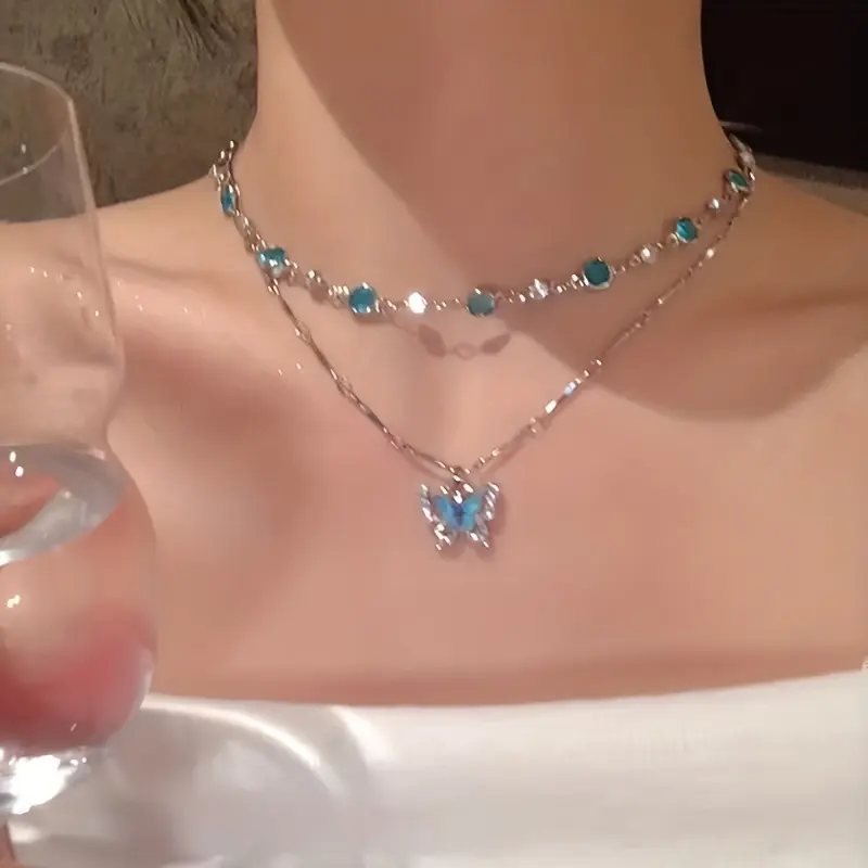Elegant Butterfly Collar Necklace Set, Blue Rhinestone Resin Choker, Butterfly Design, Perfect Gift for Her, Valentine's Day Jewelry