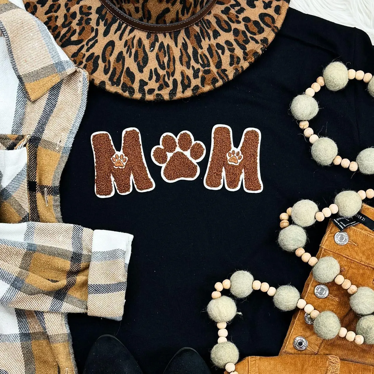 Dog Mom Brown & White Felt with PAW Chenille Embroidered Patch
