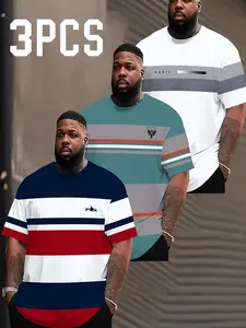 3-Pack Plus Size Men's T-Shirts, Summer Fashion Streetwear, Lightweight Polyester, Casual Round Neck, Short Sleeve, All over Print, Perfect Gift