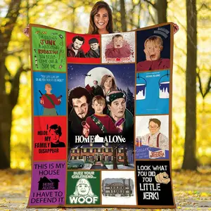 Home Alone Themed Christmas Blanket Featuring Kevin, Wet Bandits, Fuller Harry Lyme Marv Murchins pizza battle plan and iconic quotes. Cozy Soft Festive Perfect For Holiday DéCor, Movie Nights As A Fun Christmas Gift For Family Fans Of The Classic Film