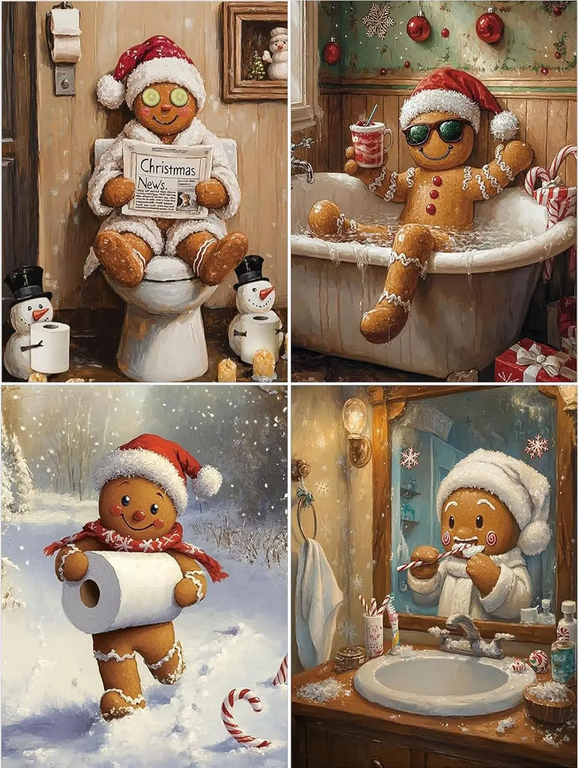 5D DIY Diamond Painting Kit, Funny Christmas Gingerbread Man Bathroom Scenery Set Diamond Art, Winter Holiday Canvas Wall Decor Craft for Home